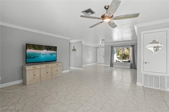 unfurnished living room featuring ceiling fan and ornamental molding