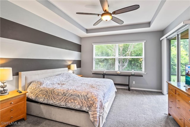 bedroom featuring ceiling fan, a raised ceiling, and carpet