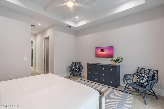 bedroom featuring coffered ceiling, ceiling fan, and beamed ceiling