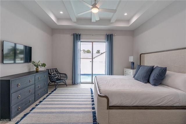 bedroom featuring beam ceiling, access to outside, and ceiling fan