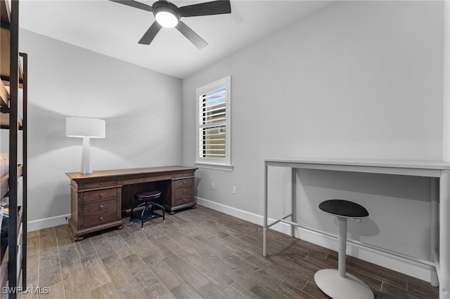 home office featuring hardwood / wood-style flooring and ceiling fan