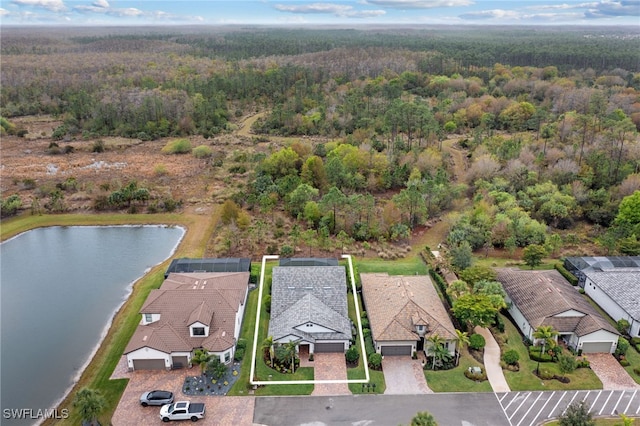 drone / aerial view featuring a water view