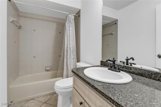 full bathroom with vanity, shower / bathtub combination with curtain, tile patterned floors, and toilet