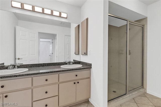 bathroom featuring vanity, tile patterned flooring, and a shower with shower door