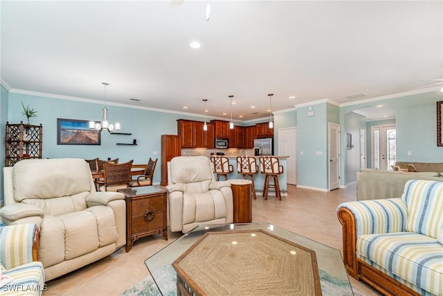 tiled living room featuring crown molding and a notable chandelier