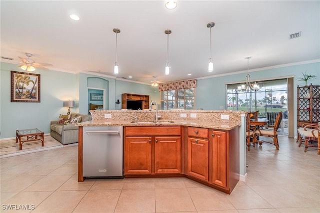 kitchen with sink, stainless steel dishwasher, a kitchen island with sink, and decorative light fixtures