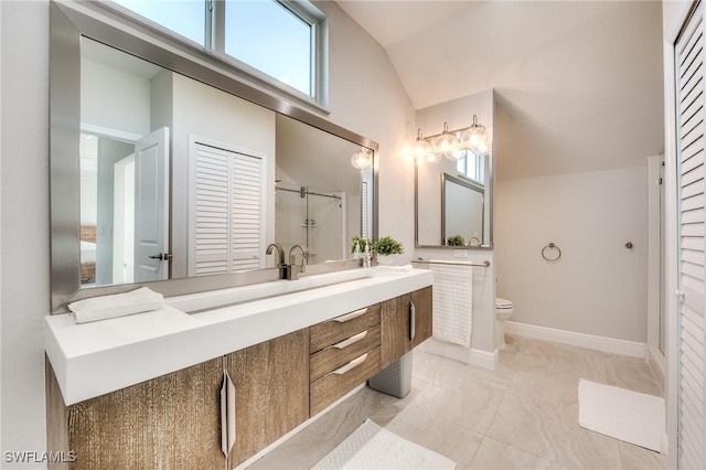 bathroom featuring baseboards, toilet, an enclosed shower, vaulted ceiling, and vanity