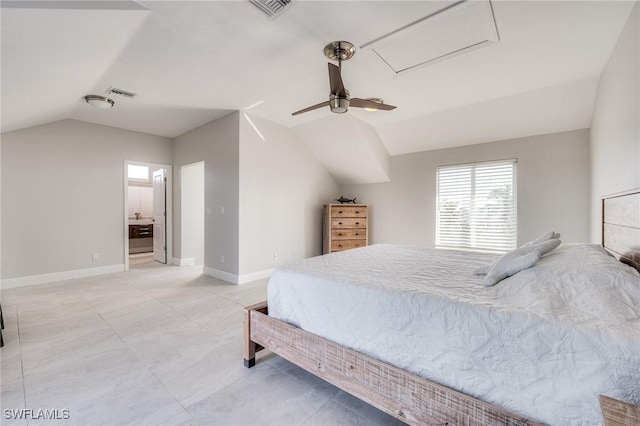 bedroom featuring lofted ceiling, a ceiling fan, visible vents, and baseboards