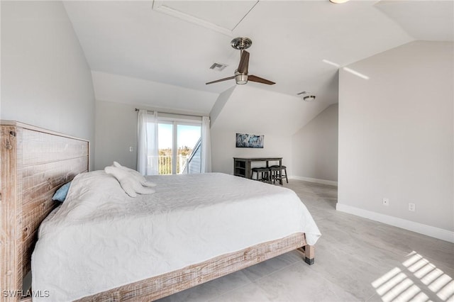 bedroom with a ceiling fan, visible vents, vaulted ceiling, access to outside, and baseboards