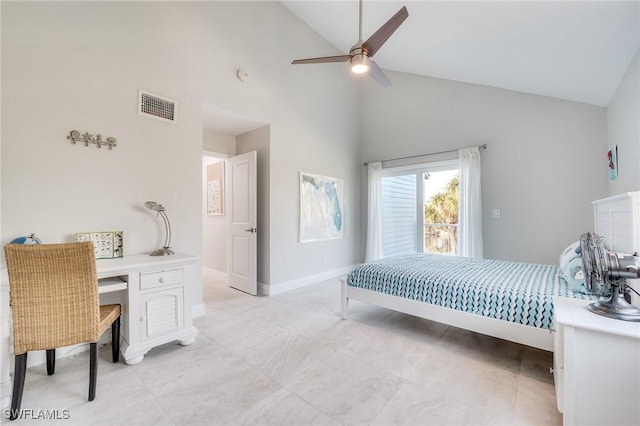 bedroom with high vaulted ceiling, visible vents, baseboards, and a ceiling fan