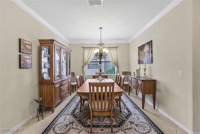 tiled dining room with an inviting chandelier and ornamental molding