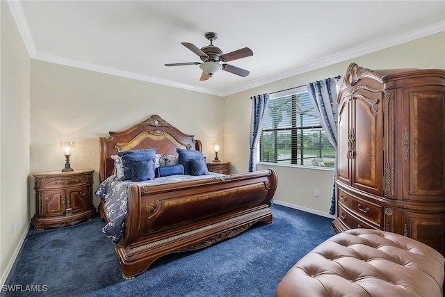 carpeted bedroom with crown molding and ceiling fan