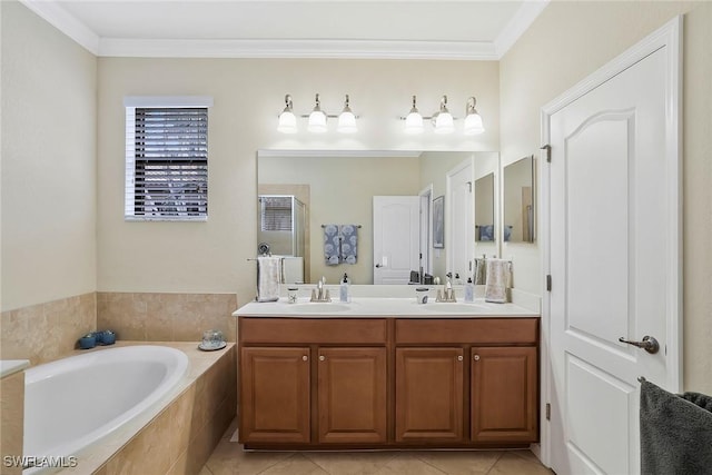 bathroom with crown molding, tile patterned floors, vanity, and separate shower and tub