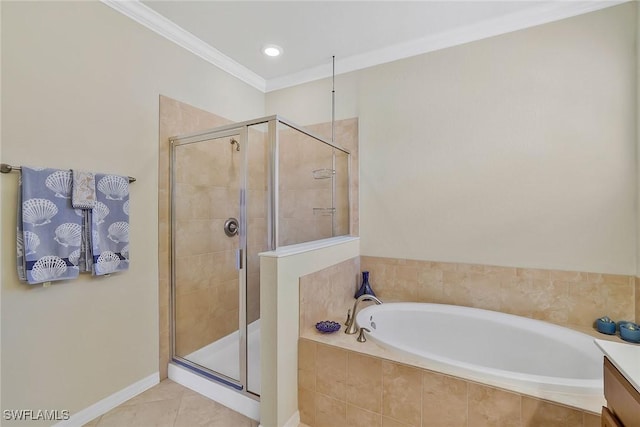 bathroom with tile patterned floors, ornamental molding, shower with separate bathtub, and vanity