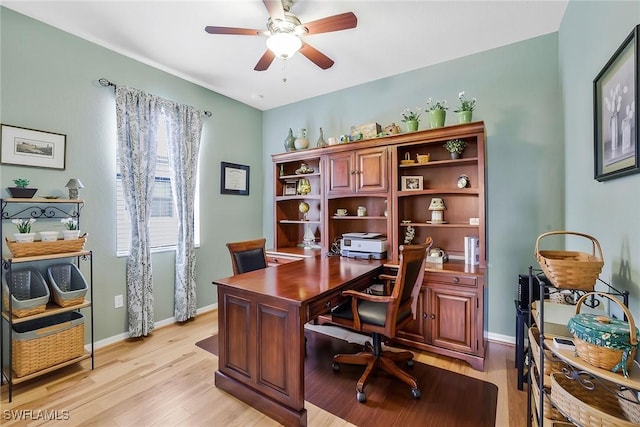 office area featuring ceiling fan and light hardwood / wood-style floors