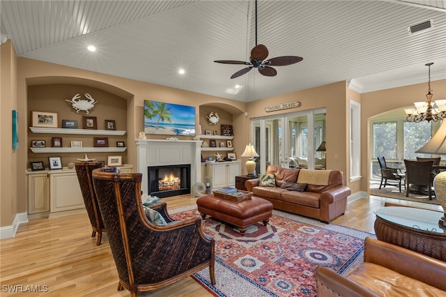 living room featuring wooden ceiling, ceiling fan with notable chandelier, built in features, and light hardwood / wood-style flooring