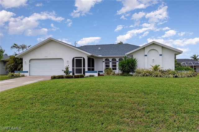 single story home with a garage and a front yard