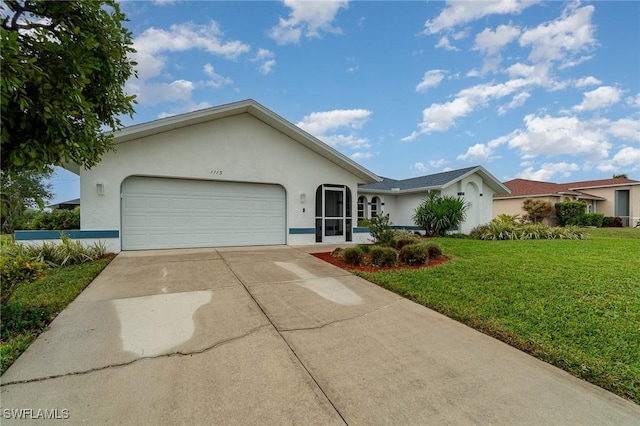 ranch-style house with a garage and a front lawn