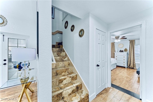 staircase with ceiling fan and wood-type flooring