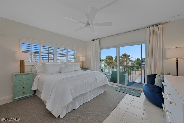 tiled bedroom featuring access to outside and ceiling fan