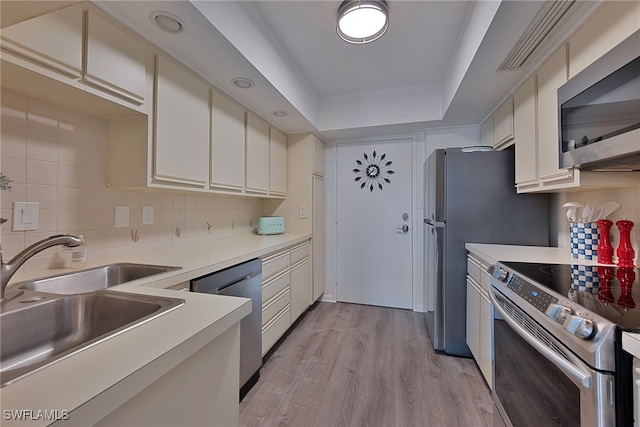 kitchen with light hardwood / wood-style flooring, white cabinetry, backsplash, stainless steel appliances, and a tray ceiling