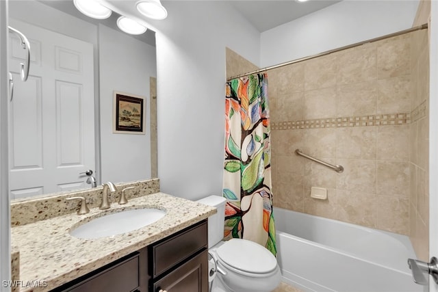 bathroom featuring vanity, toilet, and shower / tub combo with curtain