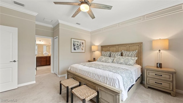 bedroom with ceiling fan, ensuite bathroom, light carpet, and ornamental molding