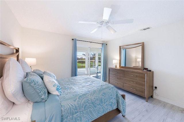 bedroom featuring light wood-type flooring, access to exterior, and ceiling fan