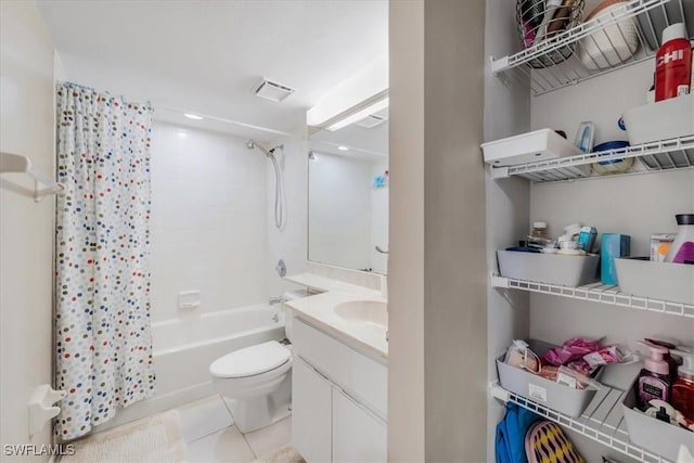 full bathroom featuring vanity, shower / tub combo, tile patterned floors, and toilet