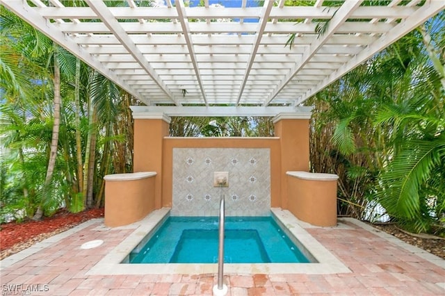 view of swimming pool with a community hot tub and a pergola