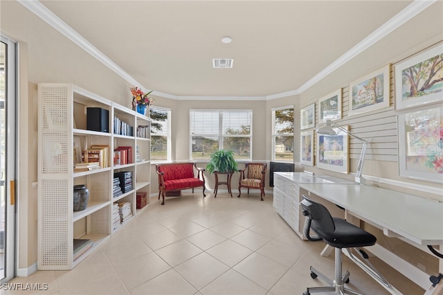 tiled office space with ornamental molding