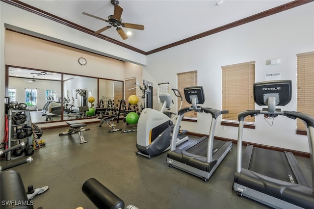 gym featuring ornamental molding, baseboards, and ceiling fan