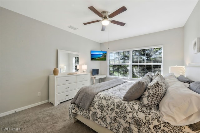 carpeted bedroom with ceiling fan