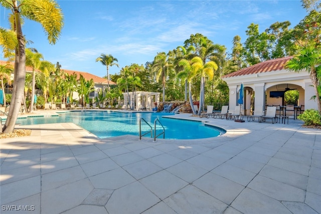 community pool with a patio area