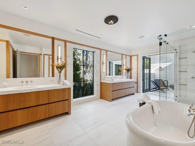 bathroom with vanity and independent shower and bath