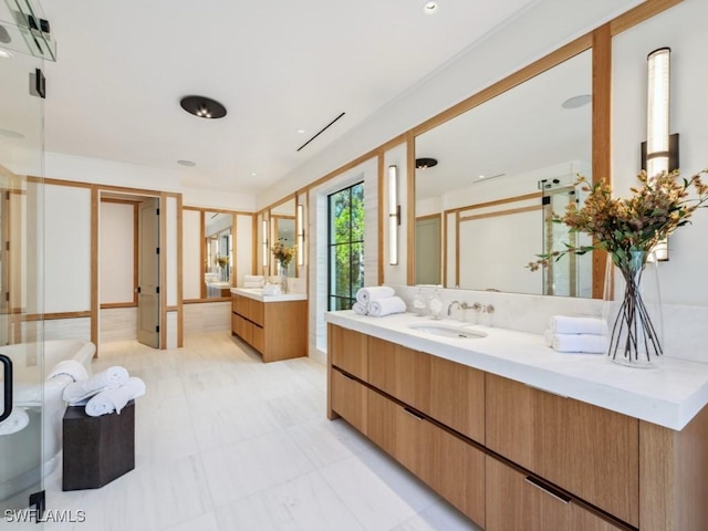 bathroom with vanity and walk in shower