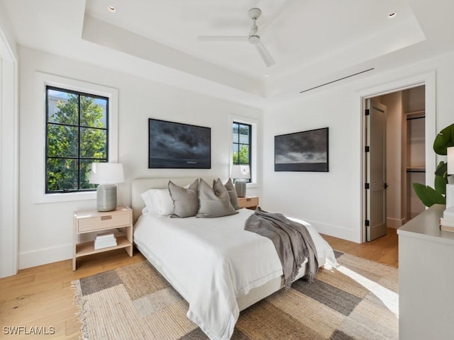 bedroom with ceiling fan, a tray ceiling, multiple windows, and light hardwood / wood-style flooring