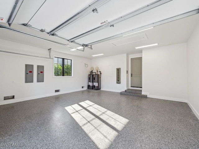 garage featuring water heater and electric panel