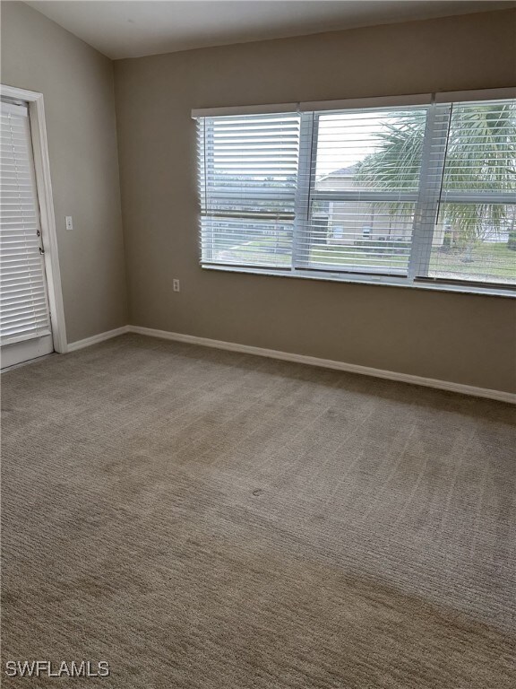 carpeted empty room with lofted ceiling and a wealth of natural light