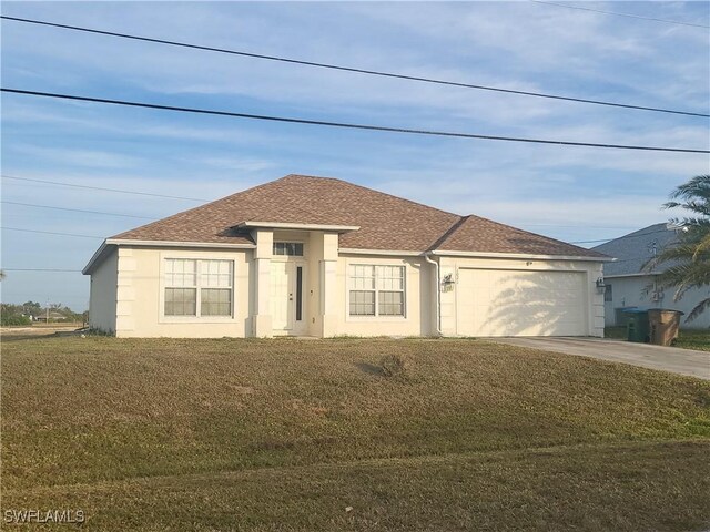 ranch-style home featuring stucco siding, concrete driveway, an attached garage, and a shingled roof