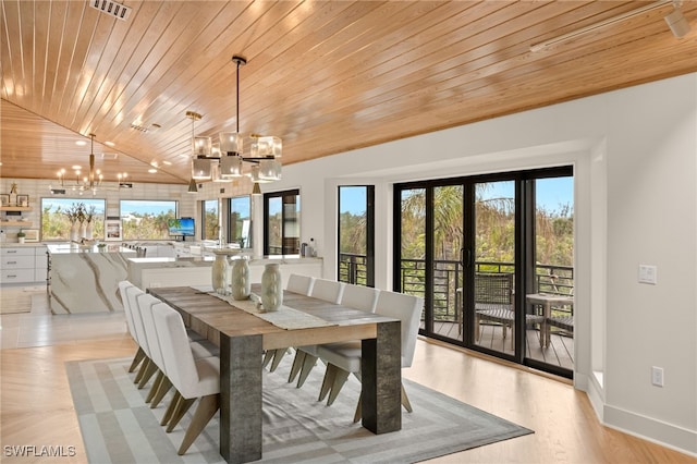 dining room with light hardwood / wood-style floors, wooden ceiling, an inviting chandelier, and french doors