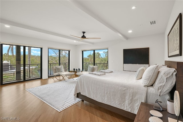 bedroom with beamed ceiling, access to exterior, ceiling fan, and light hardwood / wood-style floors