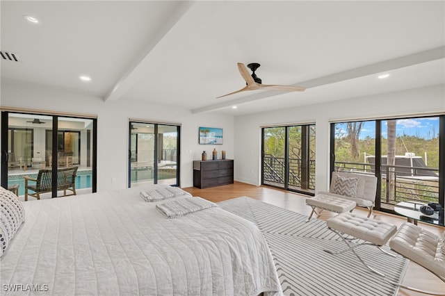 bedroom with beamed ceiling, access to exterior, ceiling fan, and light hardwood / wood-style flooring