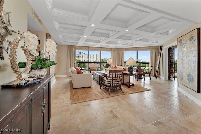 living room featuring beamed ceiling, coffered ceiling, crown molding, and a wealth of natural light