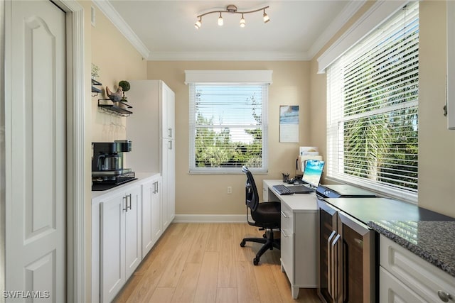 office featuring crown molding, plenty of natural light, and light hardwood / wood-style floors