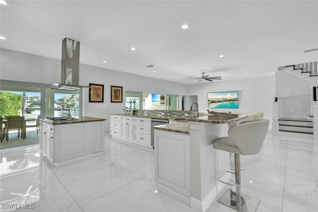 kitchen featuring a sink, a spacious island, open floor plan, appliances with stainless steel finishes, and island range hood