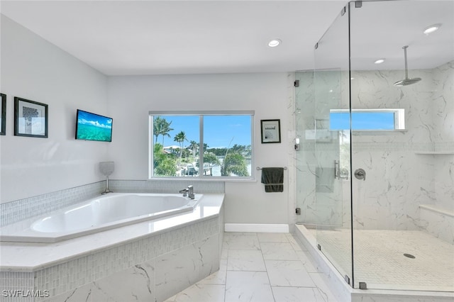 full bathroom with recessed lighting, a marble finish shower, a garden tub, and marble finish floor