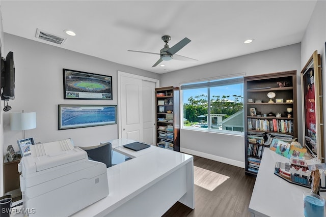 office area featuring visible vents, baseboards, recessed lighting, dark wood-style flooring, and ceiling fan