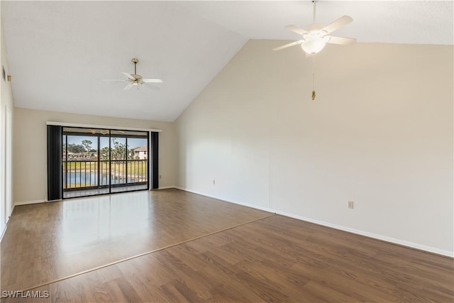 unfurnished room featuring hardwood / wood-style floors, high vaulted ceiling, and ceiling fan