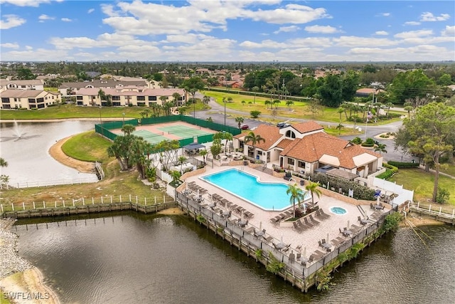 drone / aerial view with a water view